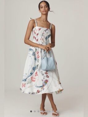 Anthropologie White Midi Dress with Blue and Pink Floral Motif